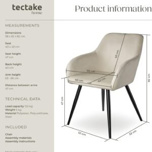 tectake кадифен стол – крем/черен, непрекъсната облегалка, стоманени крака
