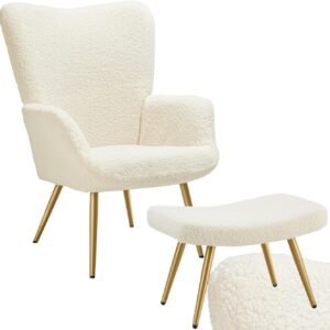 tectake Фотьойл с табуретка – букле, скандинавски стил, крем злато