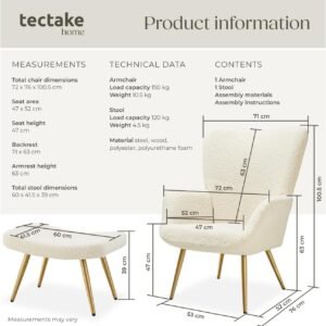 tectake Фотьойл с табуретка – букле, скандинавски стил, крем злато