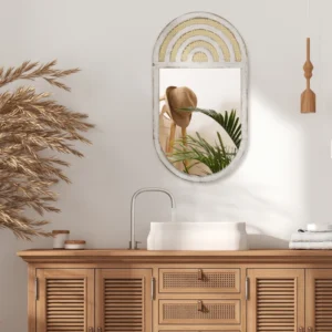 Стенно огледало homcom, декор от ратан, куки за стенен монтаж, бяло, 50 x 90 x 3 см